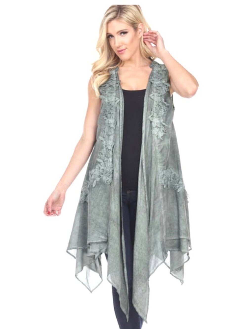 NWT PRETTY ANGEL Sylvanna Sleeveless Long Linen Vest With Crochet Detail Teal GN